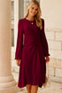 Side Ruched Crew Neck Long Sleeve Bodycon Fit Elegant Midi Dress